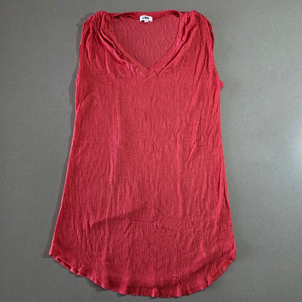 LNA Womens Red Crinkle Gauze V-Neck Sleeveless Tunic Top Size Small Made in USA